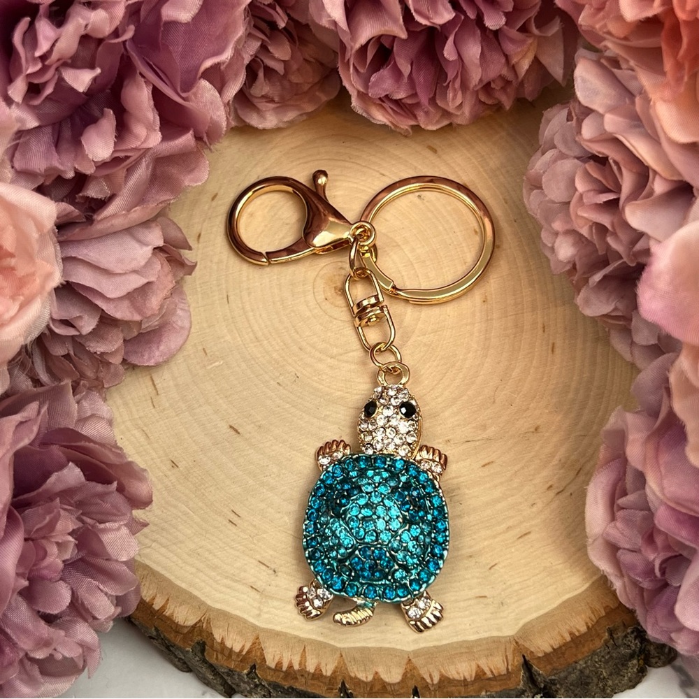 Blue and Silver Crystal Turtle Keychain Charm - Picture 10 of 16